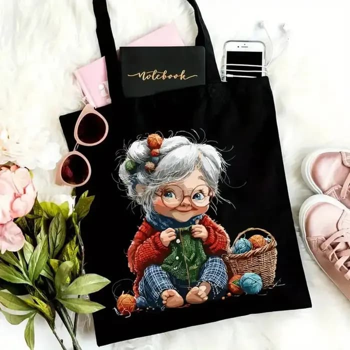 Sac à main esthétique en toile au crochet pour grand-mère - Sac à bandoulière réutilisable écologique avec imprimé