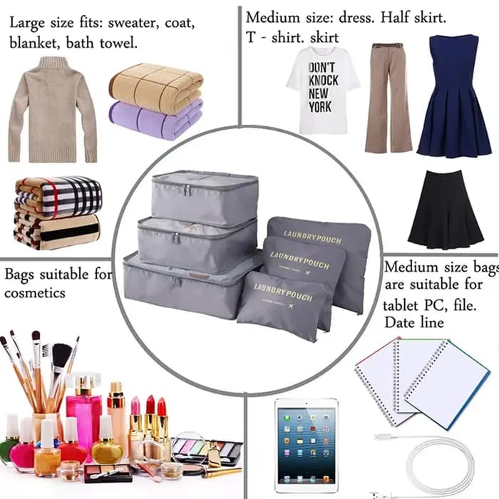 Ensemble de 6 cubes de rangement de voyage pliables, sacs de rangement pour vêtements, organisateur de bagages portable, pochette pour vêtements, sous-vêtements, chaussures
