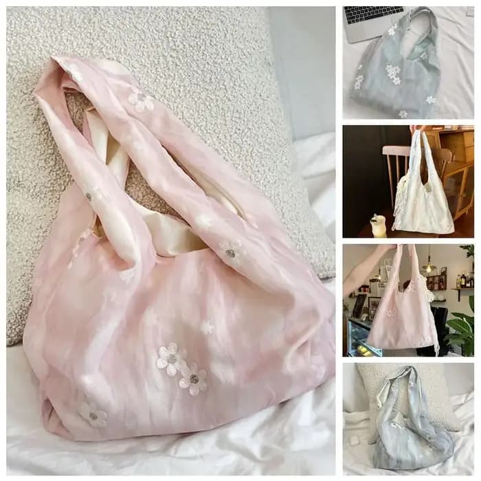 Sac fourre-tout de vacances grande capacité avec broderie florale couleur fraîche et ruban en dentelle