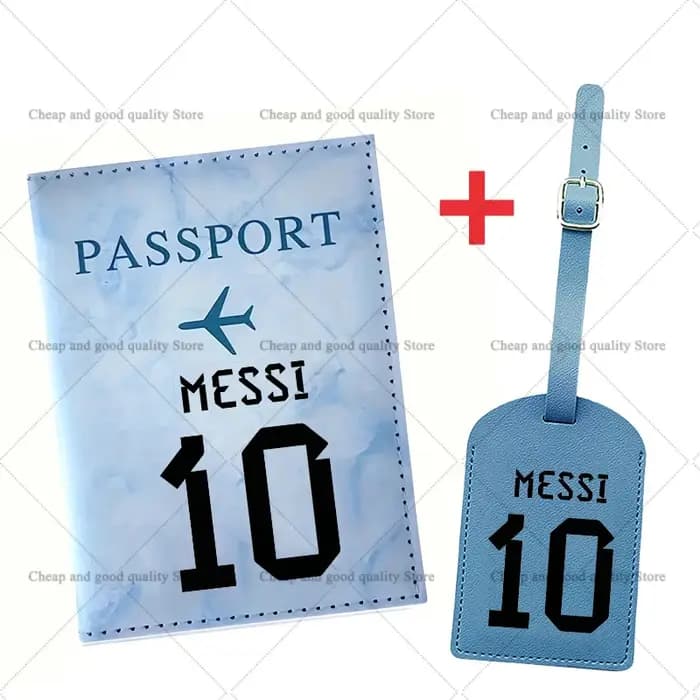 Messi Travel Essentials : Porte-passeport anti-RFID + Ensemble d'étiquettes de bagages en cuir pour femmes et hommes, accessoires de protection pour billets, CADEAU