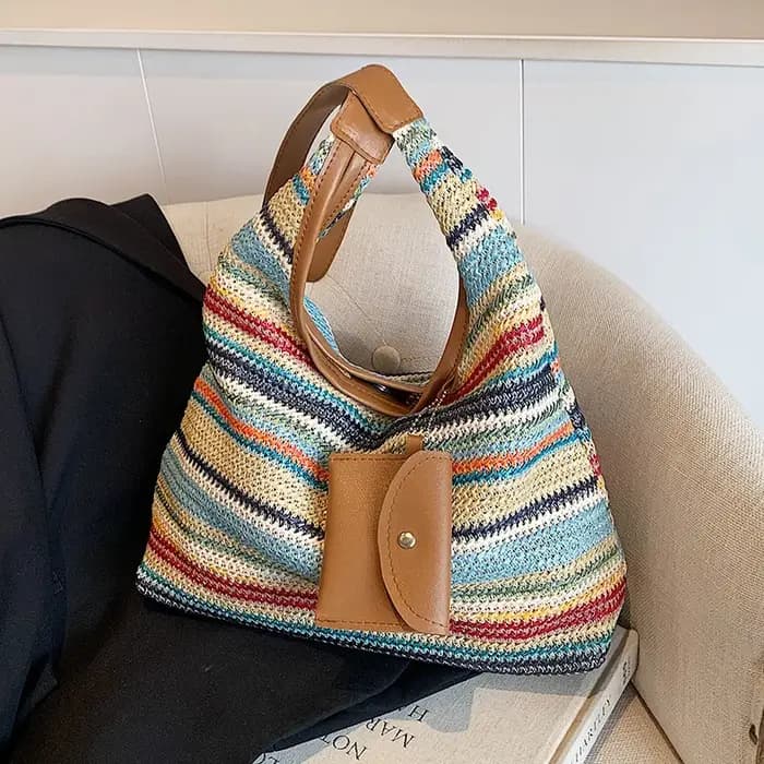Sac fourre-tout tissé à la main grande capacité pour femme, sac de transport tendance style INS, sac de plage pour les vacances et les voyages quotidiens