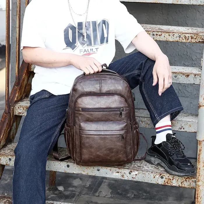 Sac à dos de chargement USB en cuir PU pour hommes