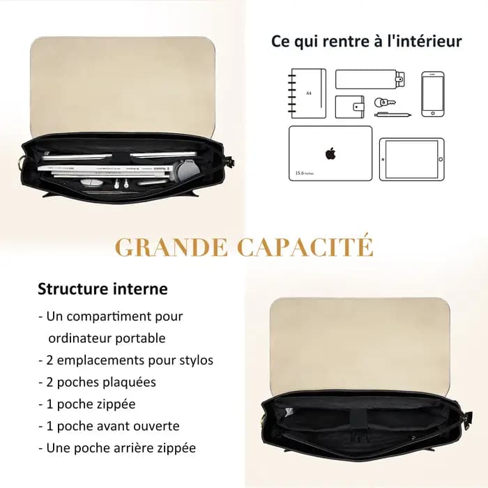 Porte-documents pour ordinateur portable 15.6 pouces en similicuir imperméable convertible en sac à dos pour femme avec compartiment rembourré et quincaillerie en laiton antique