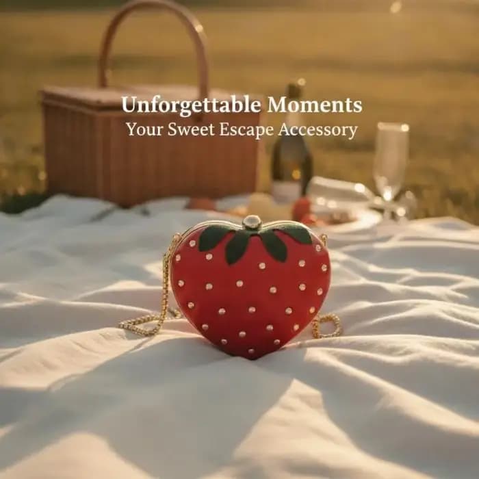 Sac bandoulière rouge en cuir motif fraise avec clous dorés et chaîne