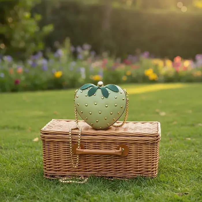 Sac bandoulière rouge en cuir motif fraise avec clous dorés et chaîne