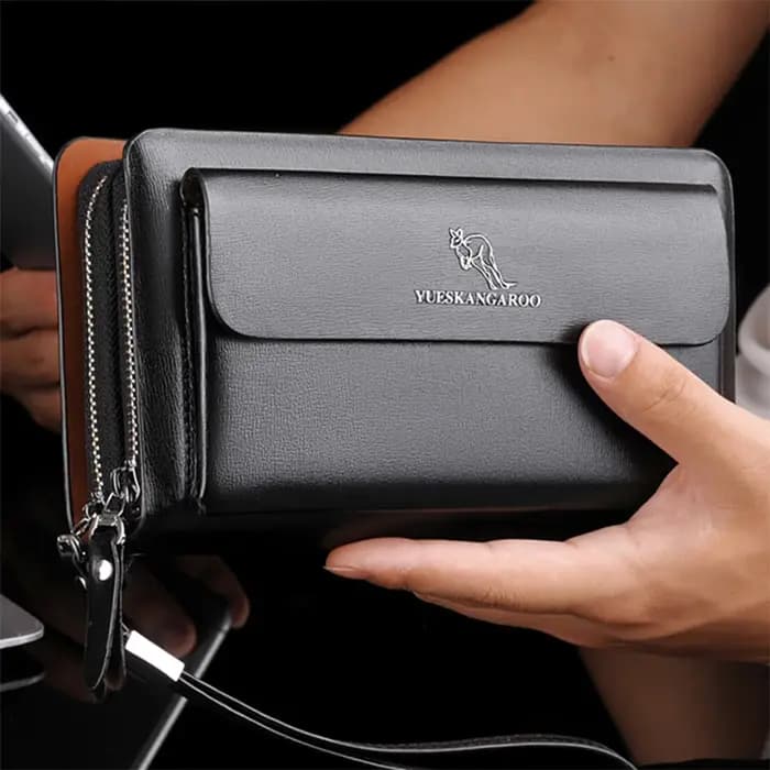 KANGAROO marque hommes pochette mode cuir Long sac à main Double fermeture éclair portefeuille d'affaires noir marron mâle décontracté sac pratique