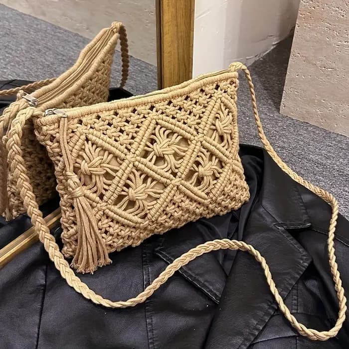 Sac à bandoulière tissé à la main pour femme de style bohème - Sac de plage d'été avec fermeture écl