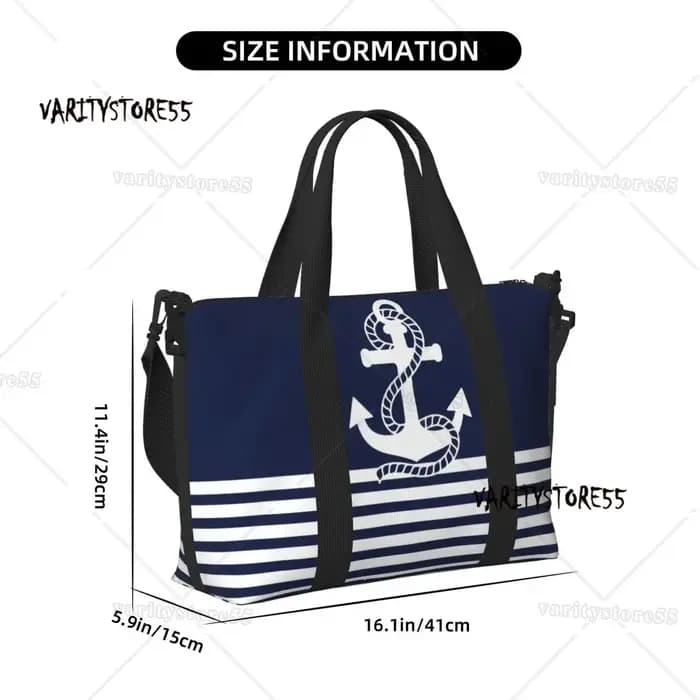Sac fourre-tout de plage personnalisé à rayures bleu marine et ancre blanche pour femmes