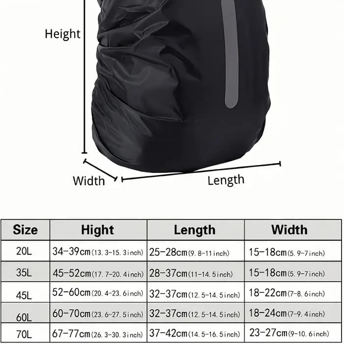 Housse de pluie pliable noire 20-70L pour sac à dos avec bandes réfléchissantes – Idéale pour la randonnée