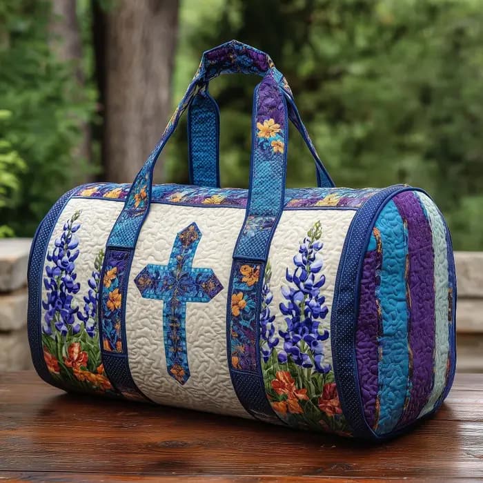 Sac de voyage cylindrique en toile matelassée 3D avec motif floral bleu croisé