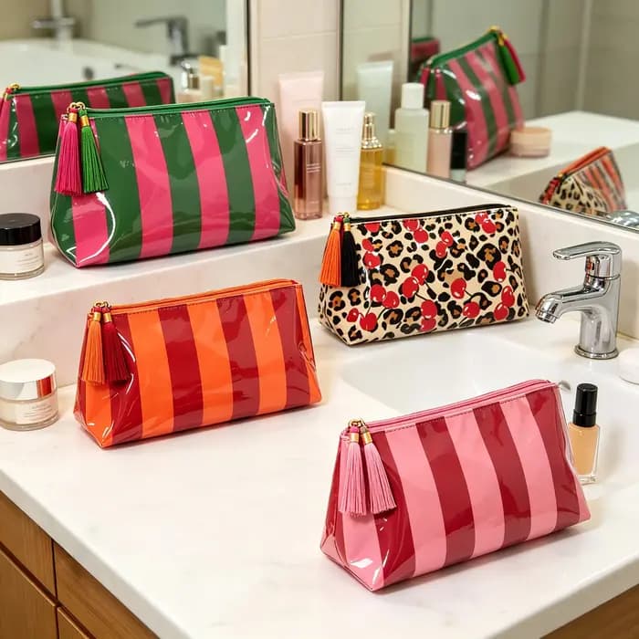 Pochette à maquillage brillante en PU avec fermeture éclair et pompon. Sac de voyage portable multi-couleurs à rayures