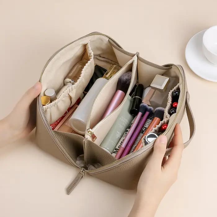 Sac à cosmétiques en cuir véritable de grande capacité pour femme ou fille