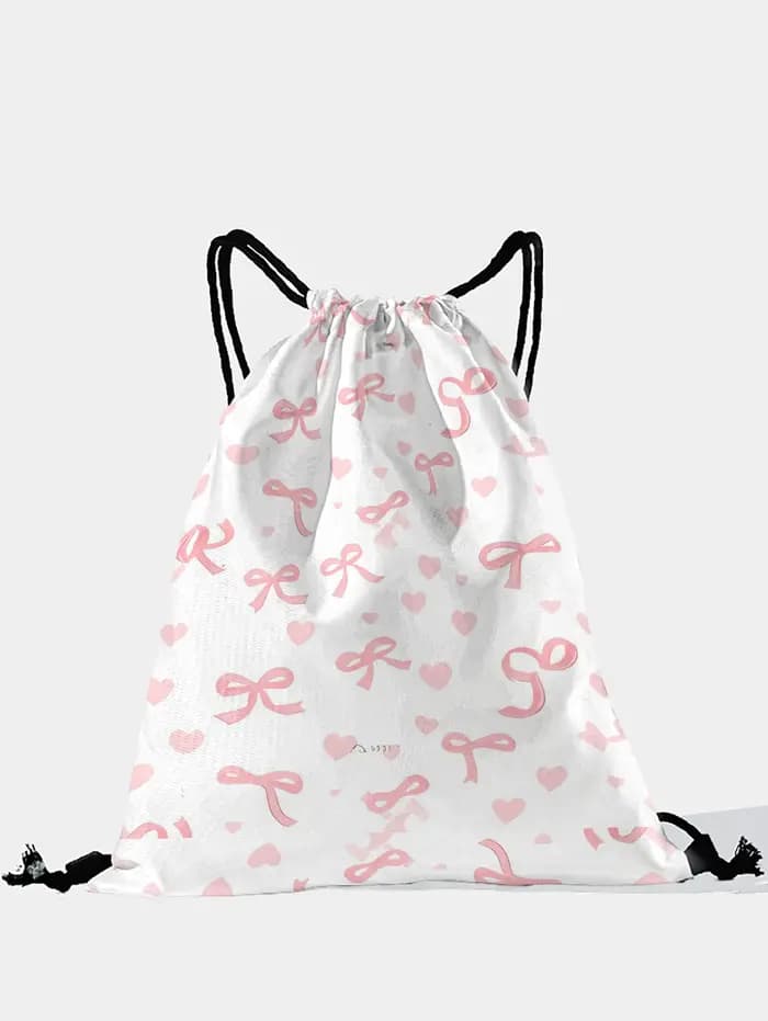 Sac à dos rose à cordon de serrage avec imprimé nœud et cœur, sac de sport léger pour la salle de sp