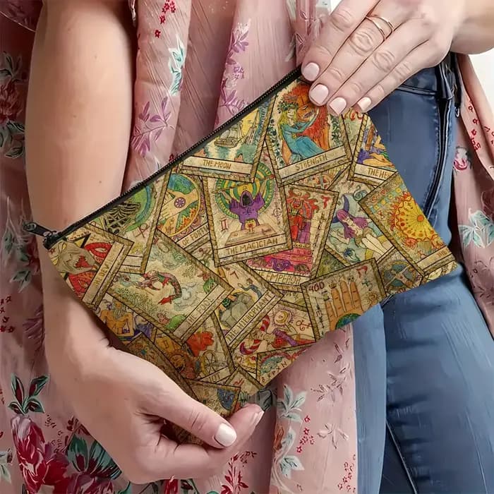 Trousse de maquillage design carte tarot avec fermeture inférieure en T – Symboles astrologiques vib