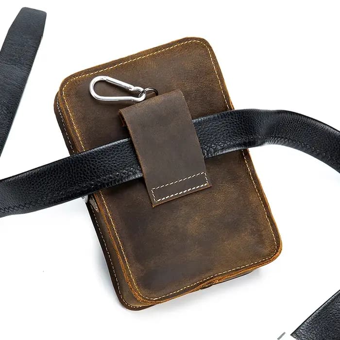 Crazy Horse peau hommes portant ceinture téléphone taille sac couche supérieure