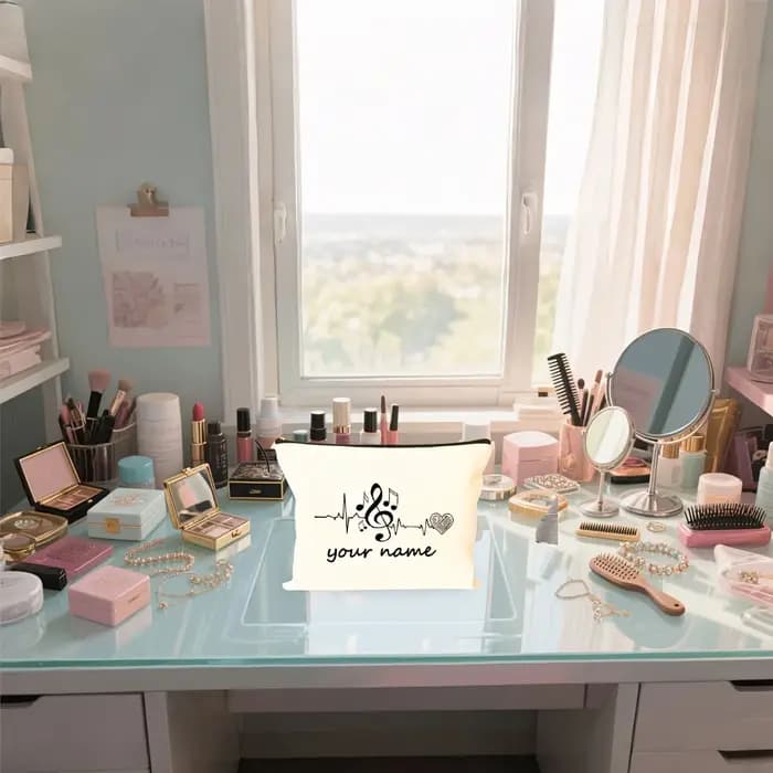 Trousse de maquillage personnalisée - Nom personnalisé avec notes musicales et motif cœur