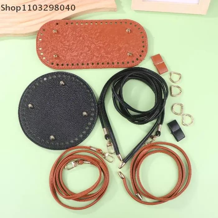 Lot de 3 sacs tissés au crochet ronds en cuir PU pour bricolage avec base inférieure durable de couleur unie – Accessoires de sac à cordon faits à la main