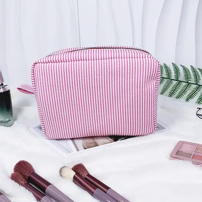 Pochette de maquillage rayée personnalisée, broderie de nom personnalisée, pochette cosmétique, orga