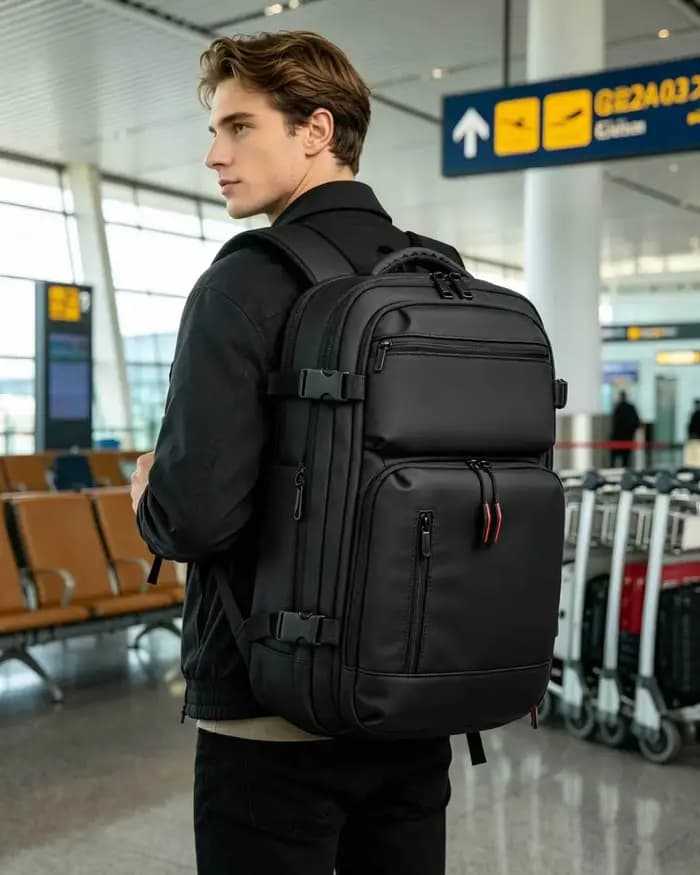 Sac à dos de voyage 60L extensible avec système de compression d'air et serrure TSA