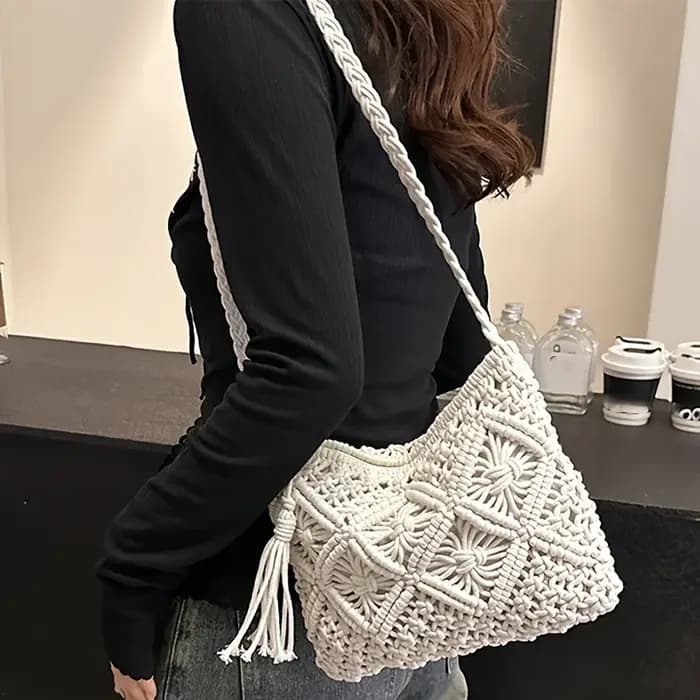 Sac à bandoulière tissé à la main pour femme de style bohème - Sac de plage d'été avec fermeture éclair