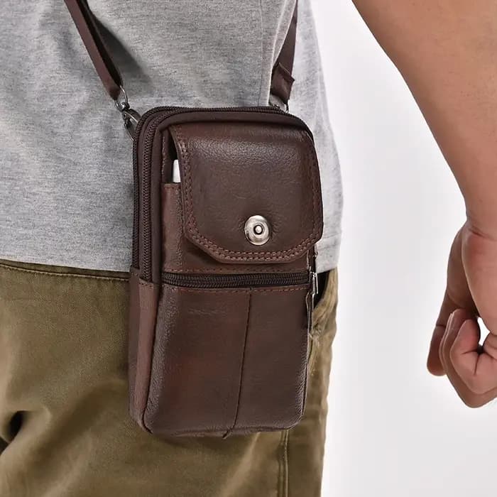 Sac messager pour homme en cuir véritable - Poche pour téléphone portable