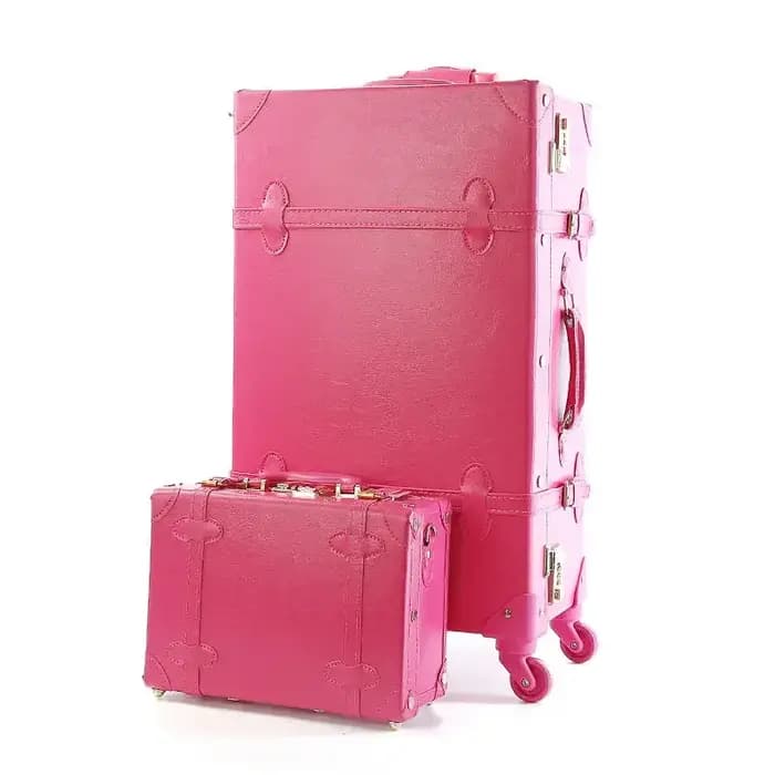 Valise à roulettes en cuir PU rétro pour filles