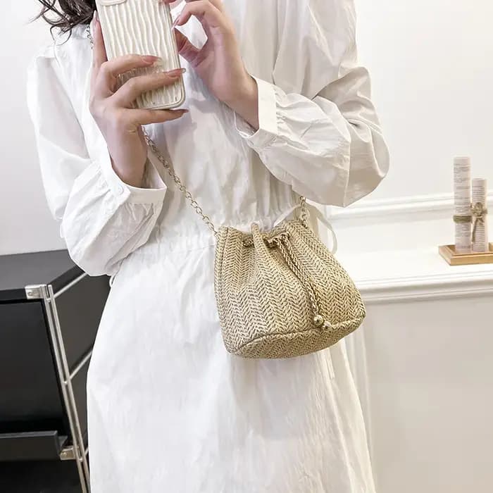 JOinitied-Sac messager beige en paille tressée pour femme