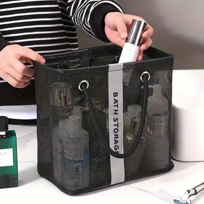 Sac de toilette portable en maille avec poignée