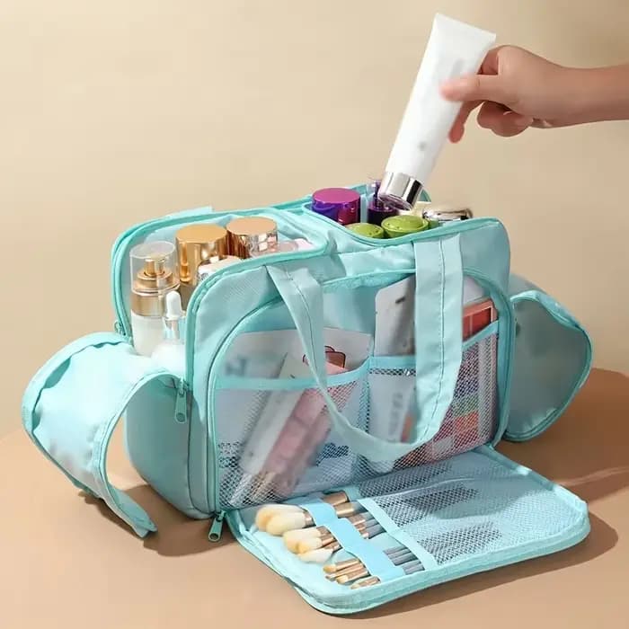 Grande trousse de maquillage matelassée - Sac de rangement portable multifonctionnel - Design à plusieurs couches - Nylon durable - Idéal pour les cadeaux de Noël