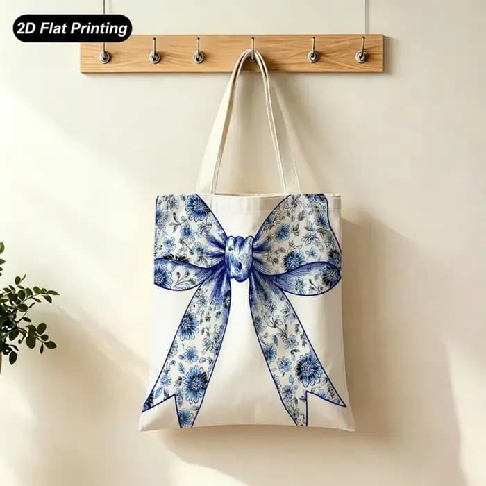 Sac fourre-tout de grande capacité à motifs floraux bleus et blancs avec nœud