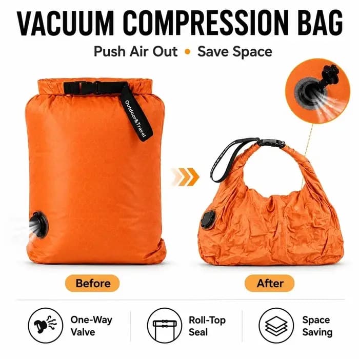 Sac de compression sous vide de voyage 70D TPU étanche avec fermeture roll-top et valve unidirectionnelle pour vêtements de camping