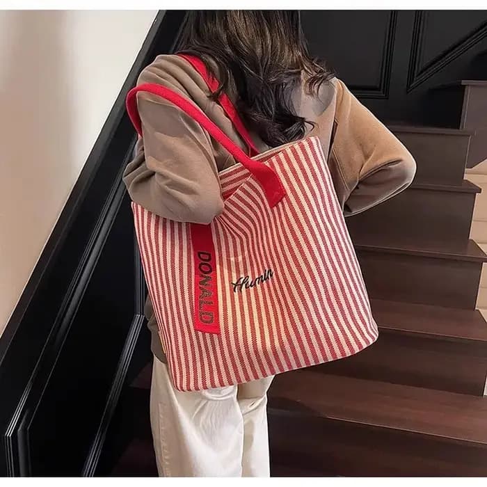 Sac fourre-tout classique en toile rayée pour femmes, sac fourre-tout décontracté, sac à bandoulière de grande capacité pour l'école et le shopping