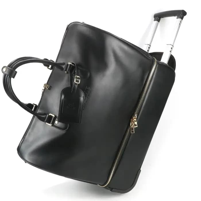 Sac de voyage à roulettes en cuir véritable noir de 19 pouces, sac de voyage à roulettes avec port U