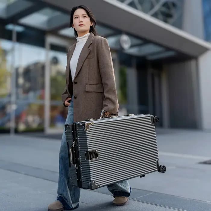Valise Wolverine, une valise rigide avec 108 rivets, taille 20-28 pouces, dotée de roues silencieuses tout-terrain et d'un porte-gobelet.