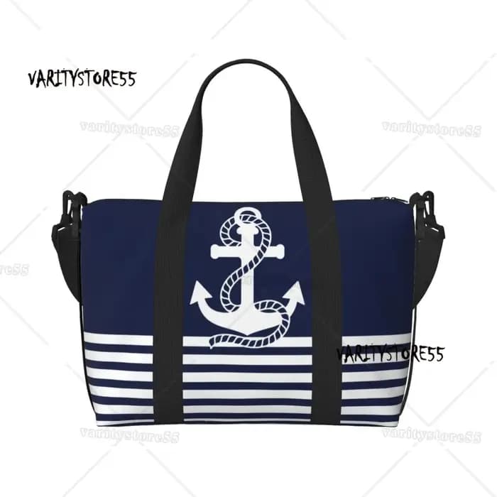 Sac fourre-tout de plage personnalisé à rayures bleu marine et ancre blanche pour femmes, fourre-tou