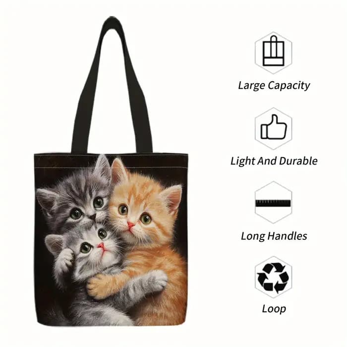 Sac fourre-tout pliable et réutilisable avec motif chaton et chatons colorés - Sac à main décontracté adapté aux courses et aux voyages