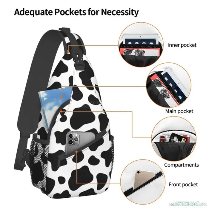 Sac à dos à bandoulière imprimé vache noir et blanc