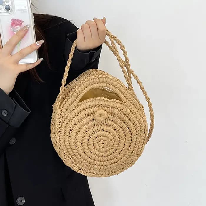 Sac à bandoulière rond en paille tissé à la main pour femmes