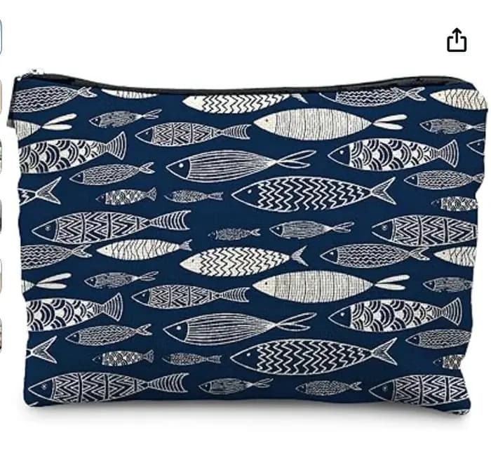 Trousse de maquillage et de toilette de voyage en toile bleu marine à motif poisson et plage, avec f