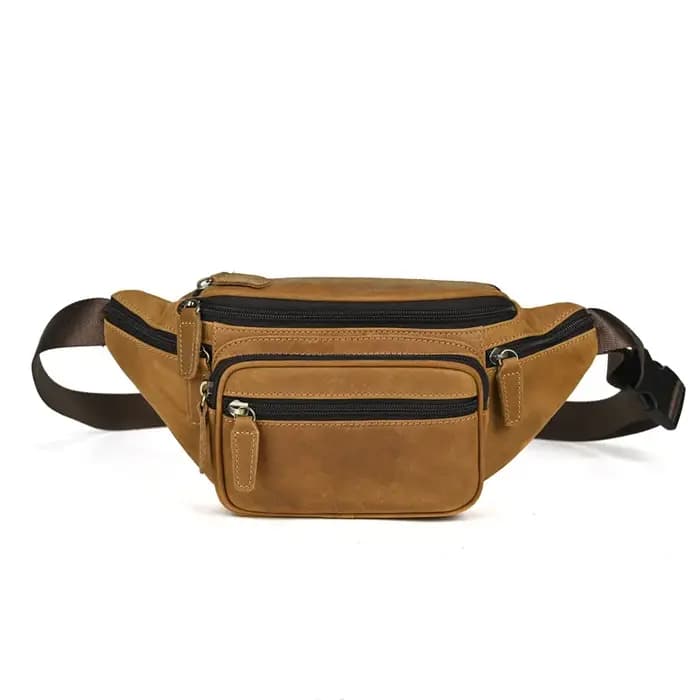 Crazy Horse Skin Sac de taille en cuir avec couche Baotou pour homme Sac à bandoulière multifonctionnel pour sport et