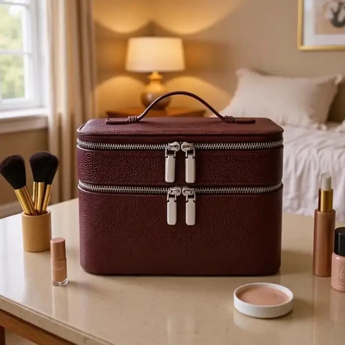 Sac cosmétique double couche en cuir PU
