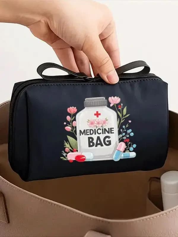 Sac vintage et organisateur de voyage pour femme – Trousse de maquillage à thème avec motif d'étiquette de médicaments, motif croisé noir et blanc – Compac