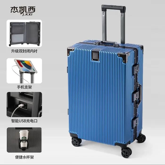 Valise Wolverine, une valise rigide avec 108 rivets, taille 20-28 pouces, dotée de roues silencieuses tout-terrain et d'un porte-gobelet.