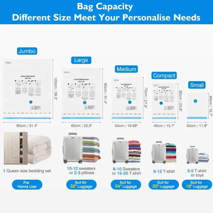 Sacs de rangement sous vide de voyage avec pompe électrique sans fil