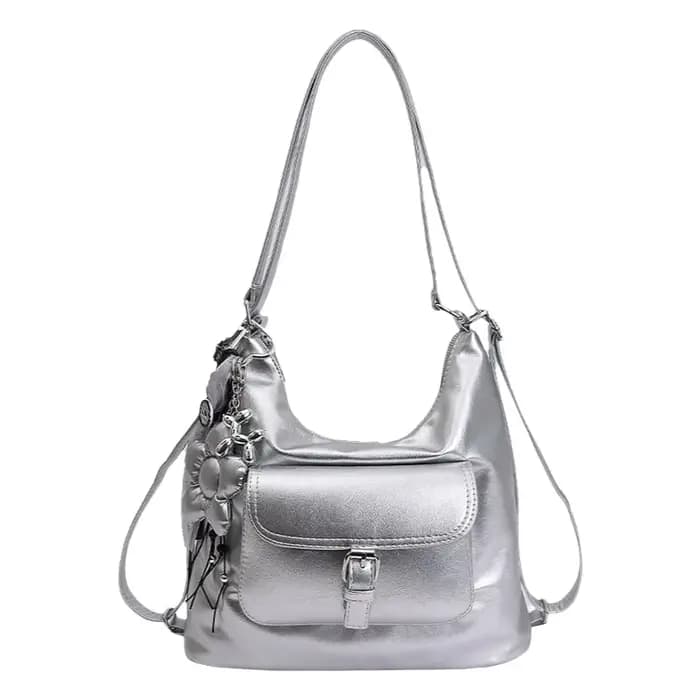 Sac à dos de voyage argenté pour femme, grande capacité, sac à bandoulière pour trajets quotidiens, nouveau style 2026, sac seau en PU résistant au vent pour l'extérieur