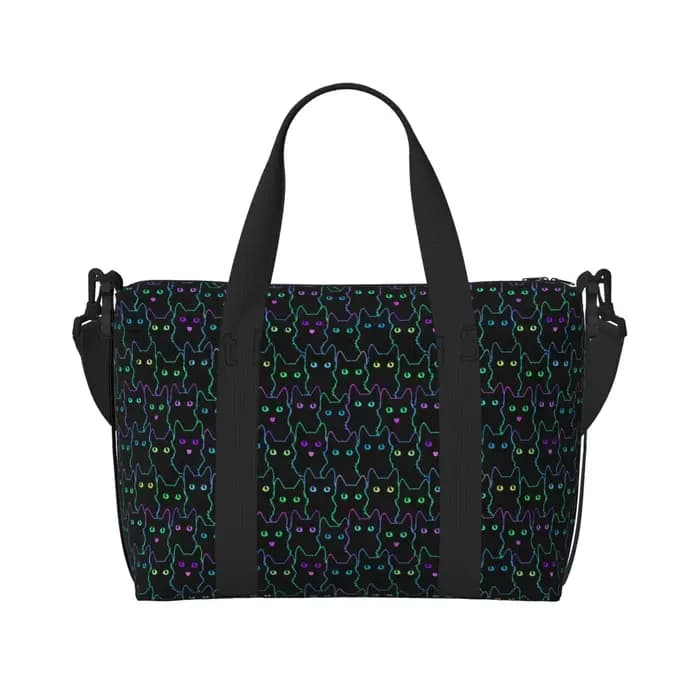 Sac polochon de voyage avec chats noirs de dessin animé mignon, sac de week-end personnalisé avec bandoulière, sacs de sport, de sport, de nuit pour femmes
