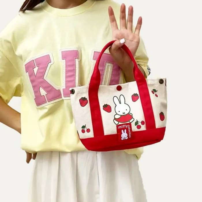 Sac à main en toile grande capacité avec broderie fraise de la série Miffy