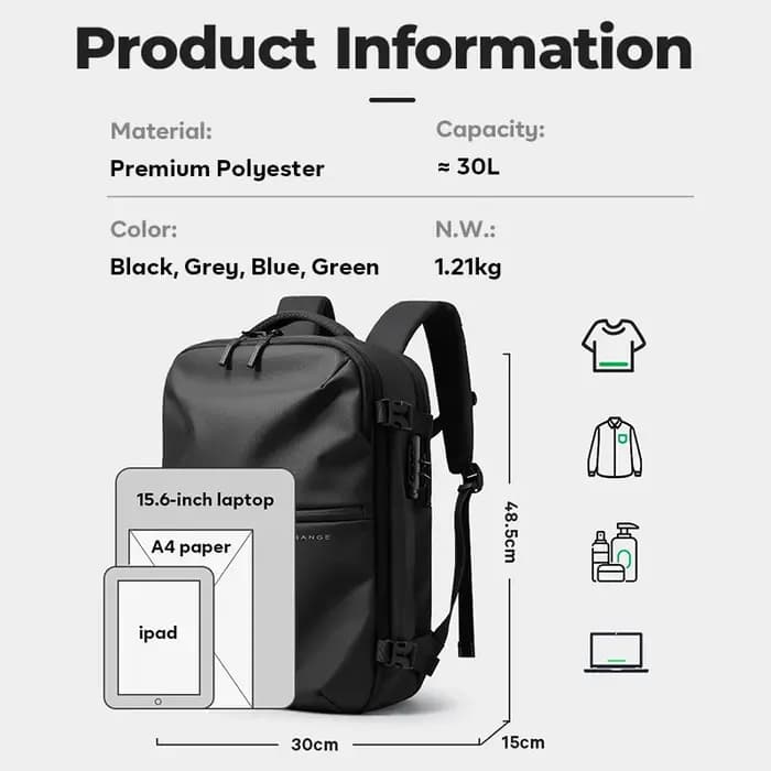 BANGE sac de cabine antivol séparation humide et sèche sac à dos de voyage pour hommes femmes bagage à main 15.6 pouces sacs à dos d'ordinateur portable pour homme