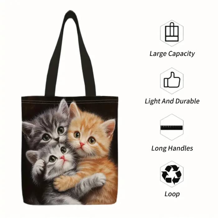 Sac fourre-tout pliable et réutilisable avec motif chaton et chatons colorés - Sac à main décontracté adapté aux courses et aux voyages