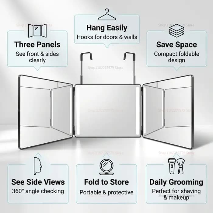 S Travel Portable 360 ° Miroir de maquillage pliable à trois volets avec crochet télescopique réglable en hauteur